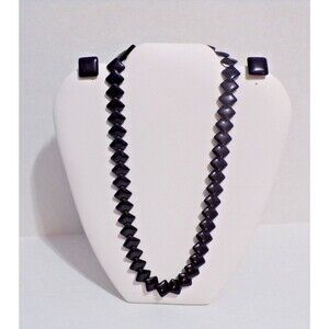 Vintage Trifari Black Square Lucite 20" Necklace  & Clip On Earrings Gold Plated